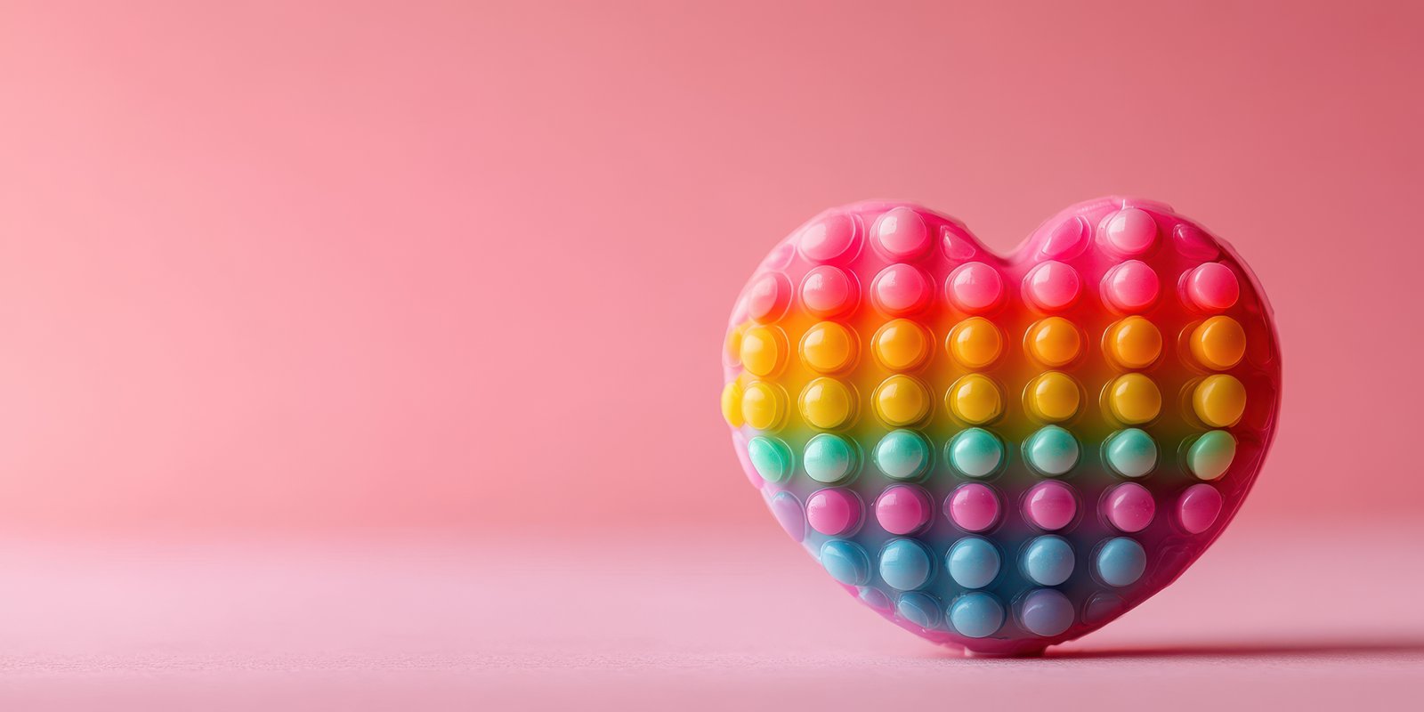 Colorful heart-shaped sensory toy sits against a pink backdrop showcasing rainbow hues and a playful design